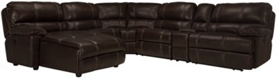 Dk Brown Leather & Vinyl Left Chaise Power Reclining Sectional