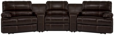 Dk Brown Leather & Vinyl Large Manually Reclining Home Theater Sectional