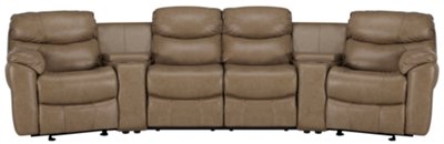Dk Taupe Leather & Vinyl Large Manually Reclining Home Theater Sectional