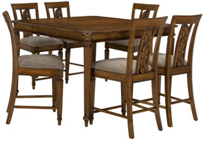 Mid Tone High Table & 4 Carved Barstools