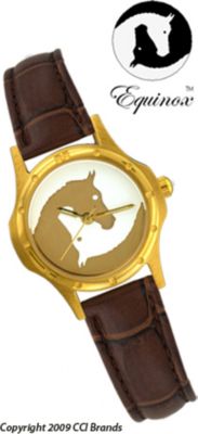 CCI Equinox Watch Gold Case Gold White Horse Logo Face Brown Band