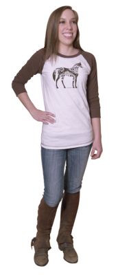 Stirrups Ladies Fabric Horse 3/4 Sleeve Raglan Tee Shirt (SC00642) Stirrups Ladies Fabric Horse 3/4 Sleeve Raglan Tee Shirt (SC00642)