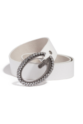 White Leather Rhinestone-Buckle Belt