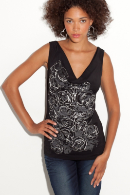 G by GUESS Amilia Rose Print Tank, BLACK (LARGE)
