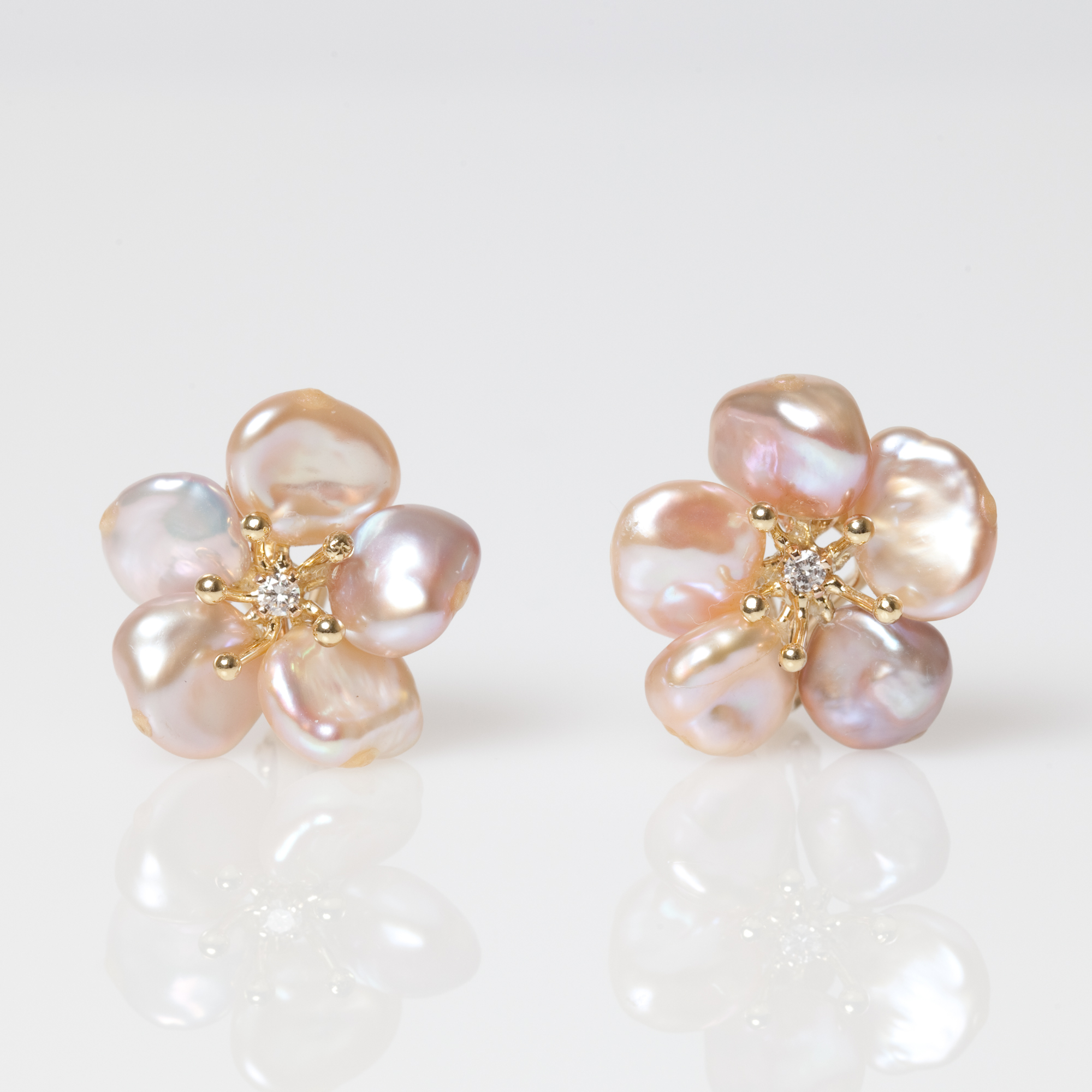 Pink Pearl and Diamond Blossom Earrings