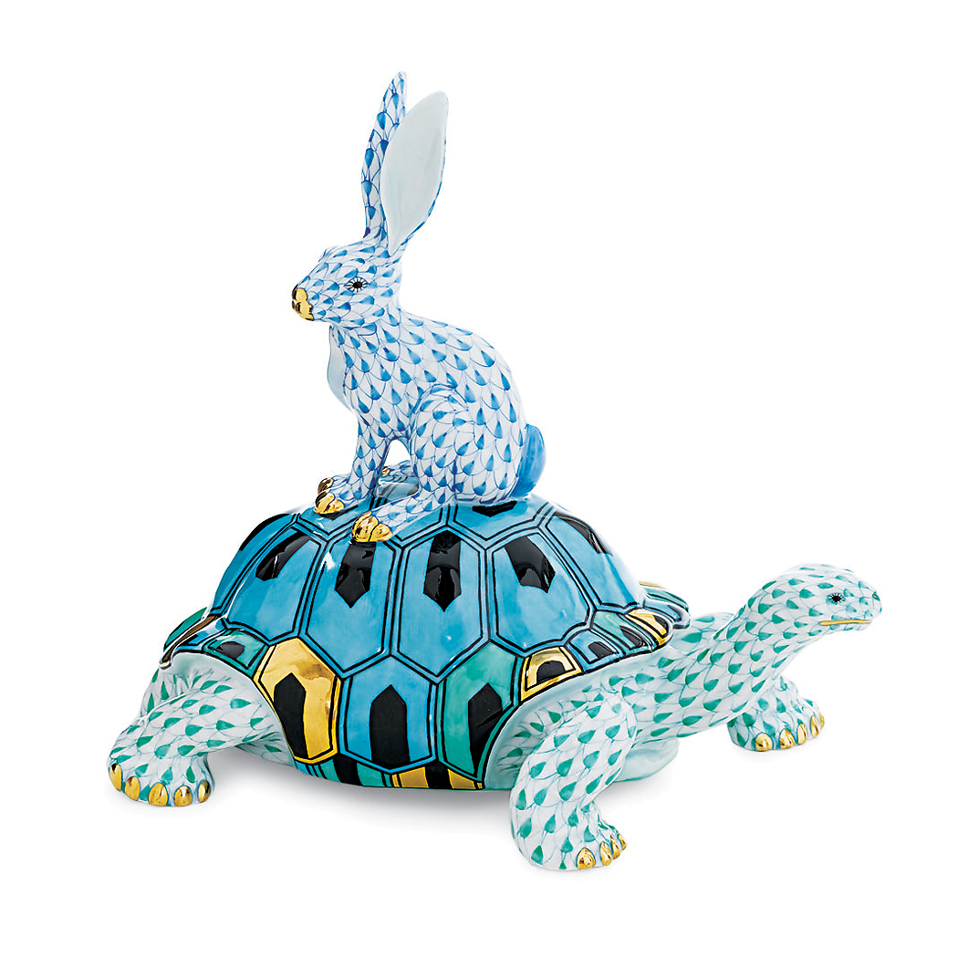 Herend Hand-Painted Porcelain Hare and Tortoise