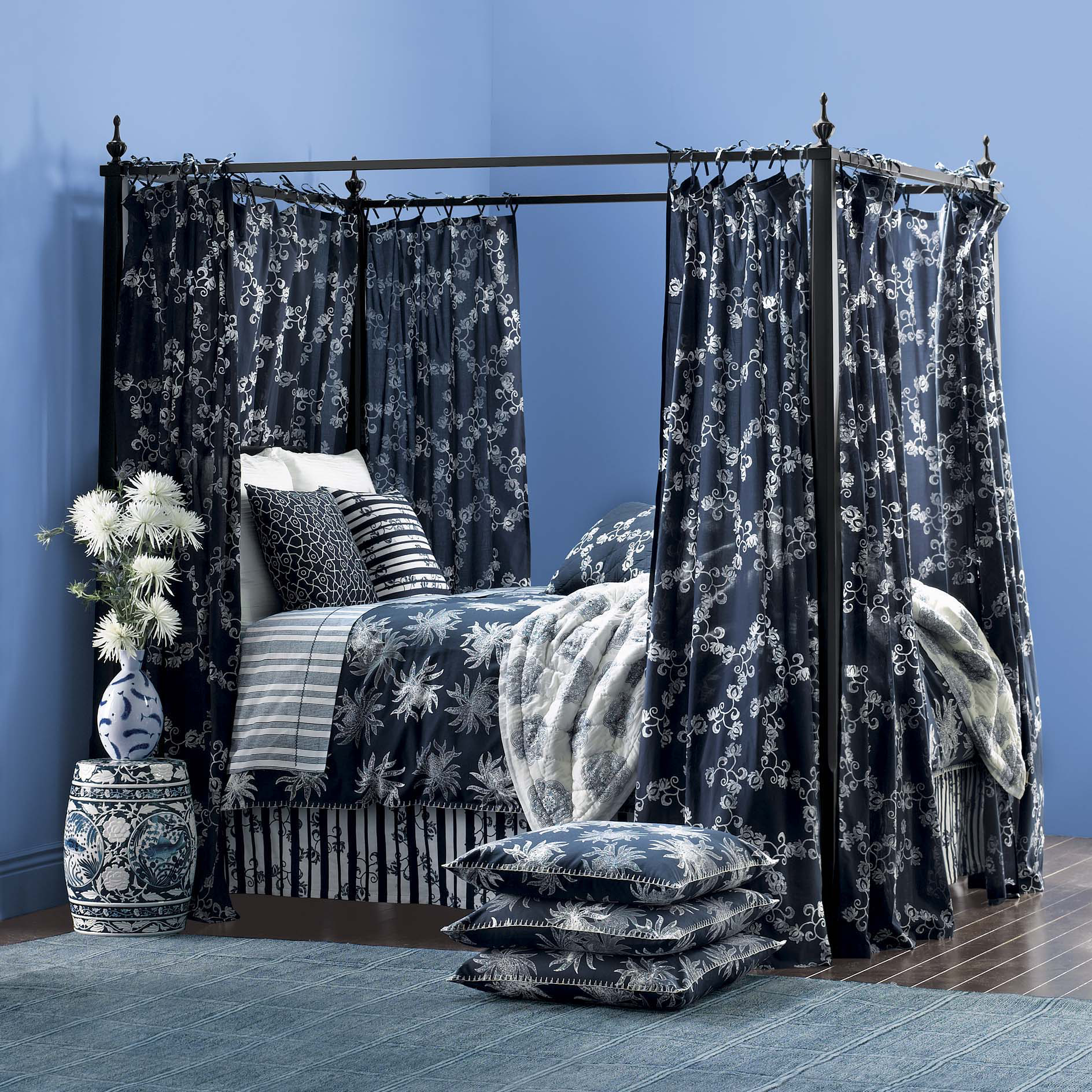 Navy Block-Print Queen Flat Sheet