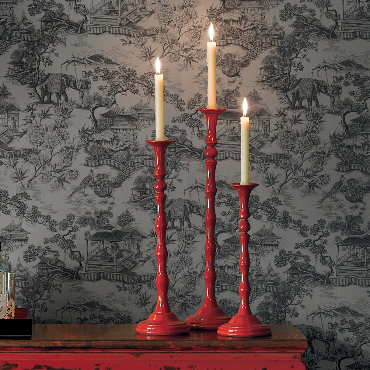 S/3 RED LACQUER CANDLESTICKS