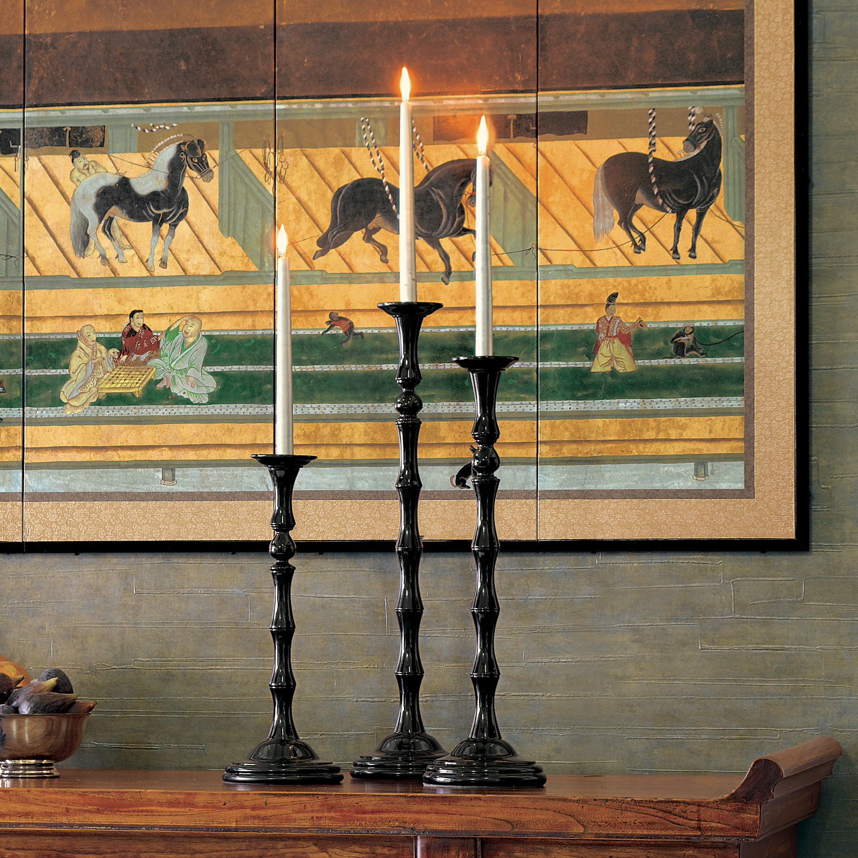 S/3 BLK LACQUER CANDLESTICKS