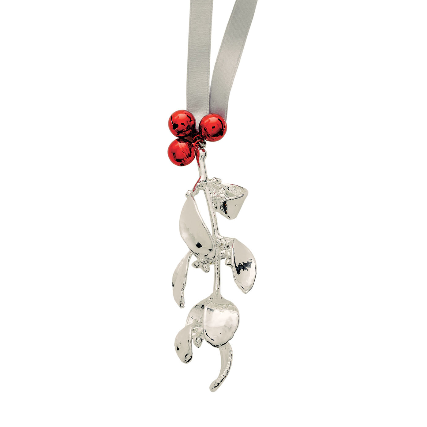 SILVER MISTLETOE RED BELL ORNAMENTS