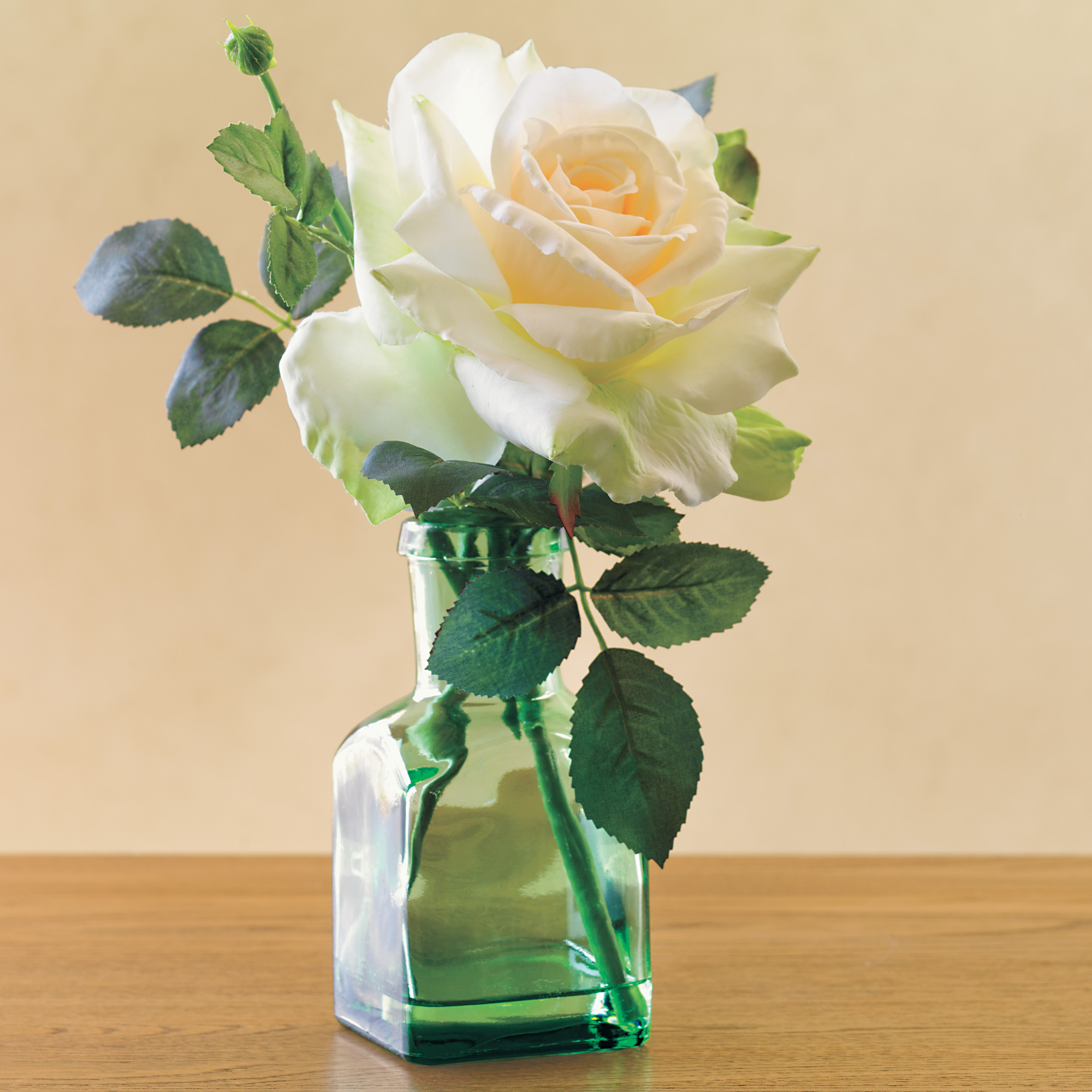COTTAGE ROSE IN GREEN GLASS VASE