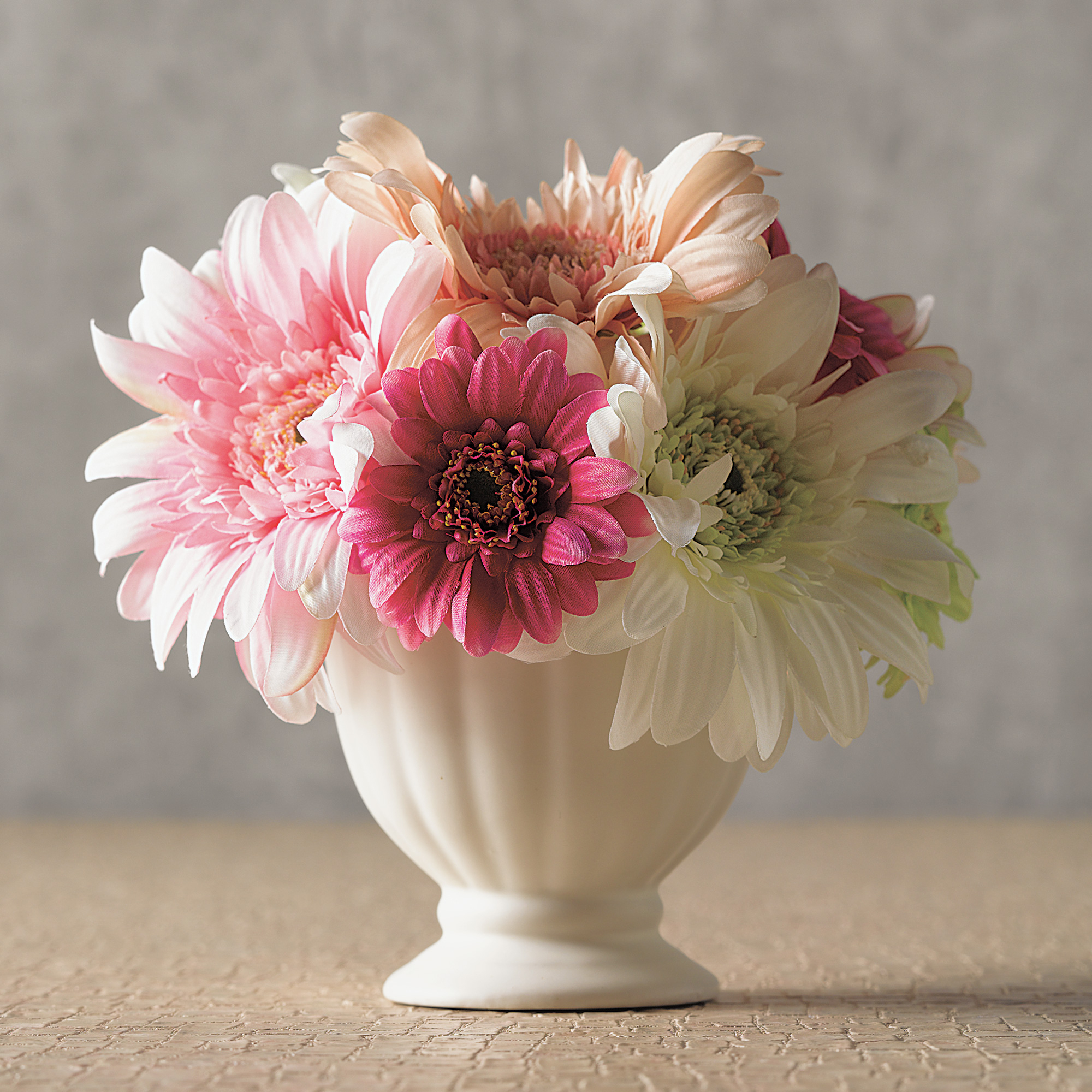 GERBERA DAISIES IN WHITE POT