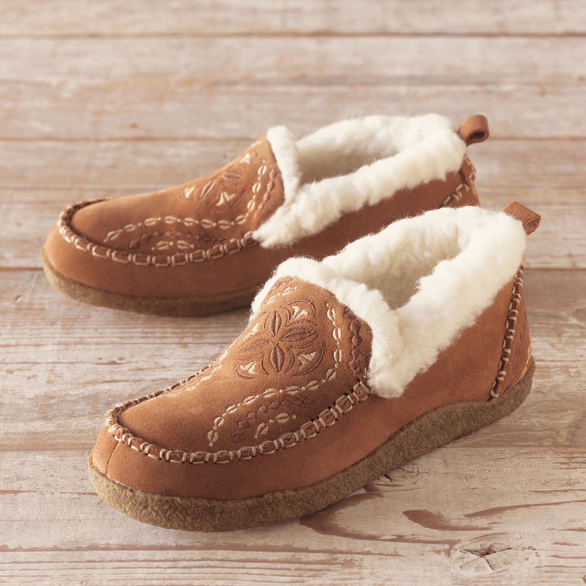 Embroidered Shearling Slippers