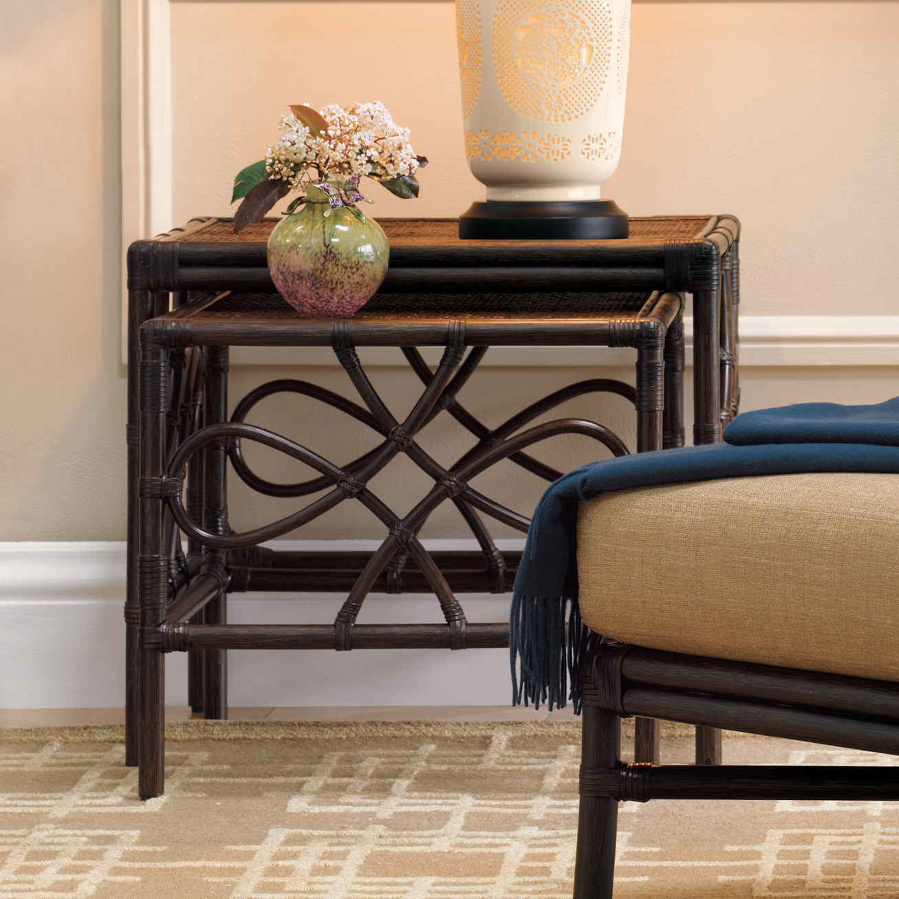S/2 SCROLL RATTAN NESTING TABLES