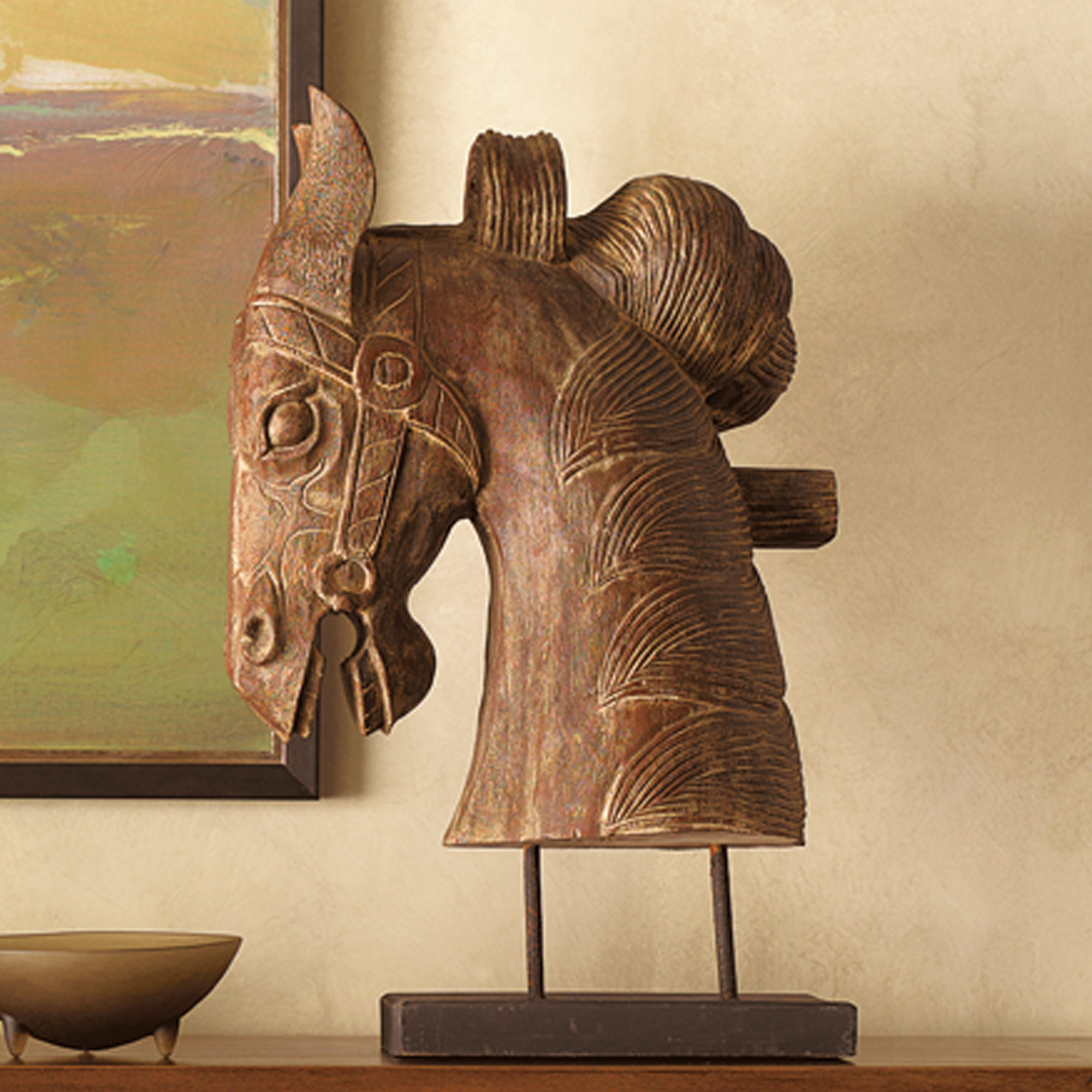 WOOD-CARVED HORSE HEAD ON STAND