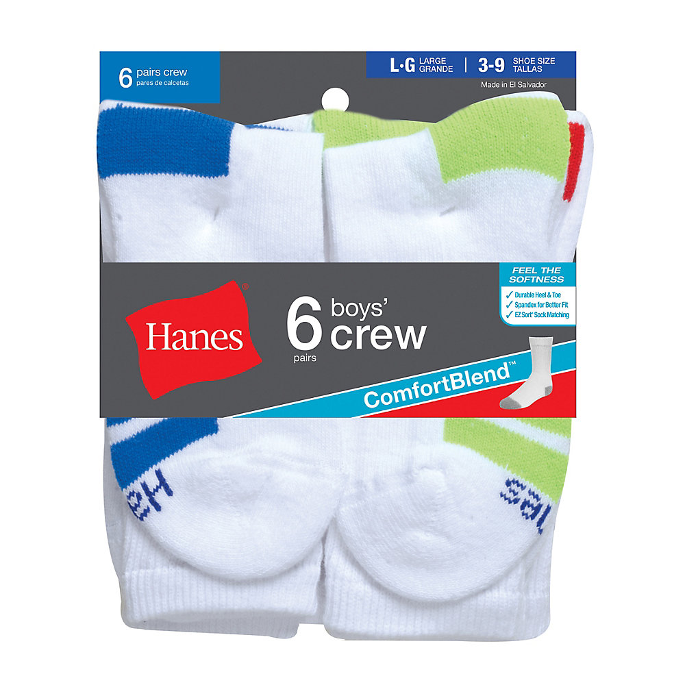 Hanes Boys Crew Comfortblend® Black EZ Sort® Socks 6-Pack 