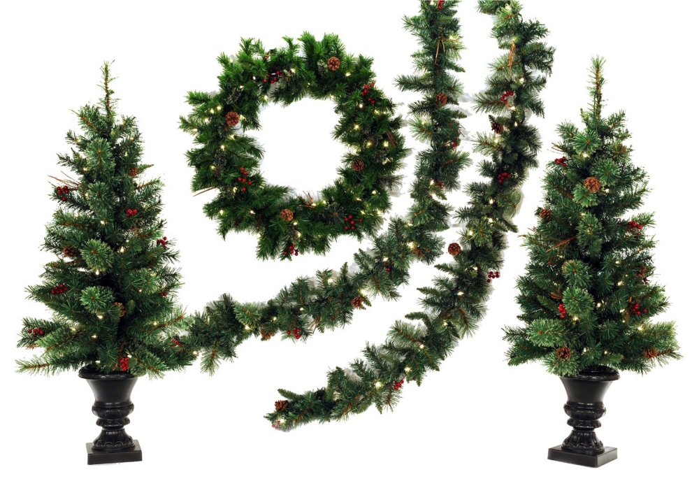 Northwood Pine 6 Piece Set Pre-lit Artificial Christmas Trees, Garlands & Wreath With Hanger Clear Lights