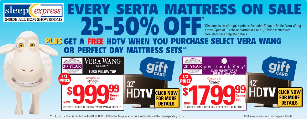 Every Serta Mattress on Sale 25-50 Percent off Plus get a free HDTV with select purchases