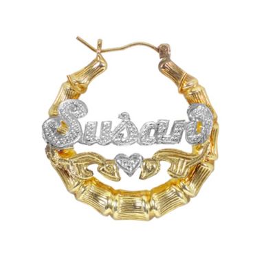 Round Bamboo Name Earrings with Tail and Heart
