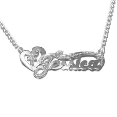 Nameplate Necklace with Cross and Heart