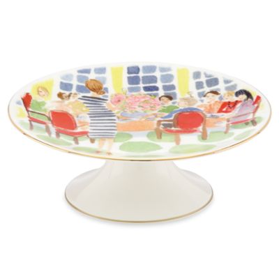 illustrated toast of the town footed cake plate