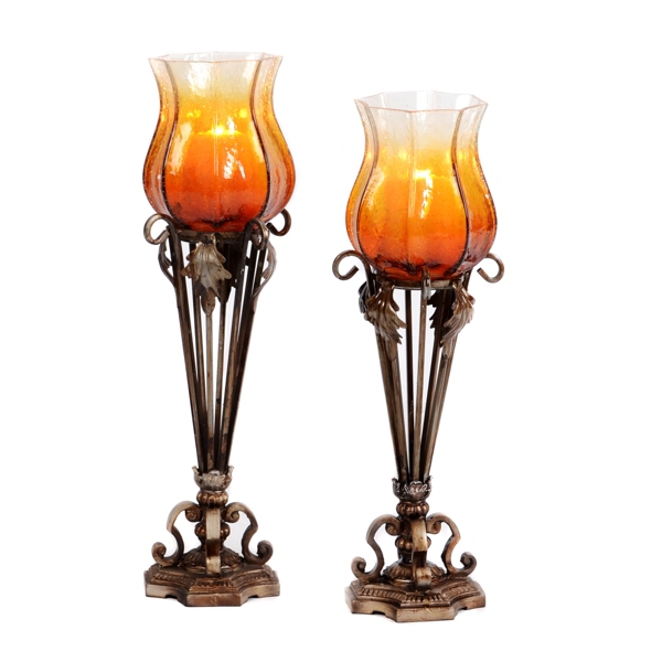 Metal &amp; Amber Glass Candle Holder, Set of 2