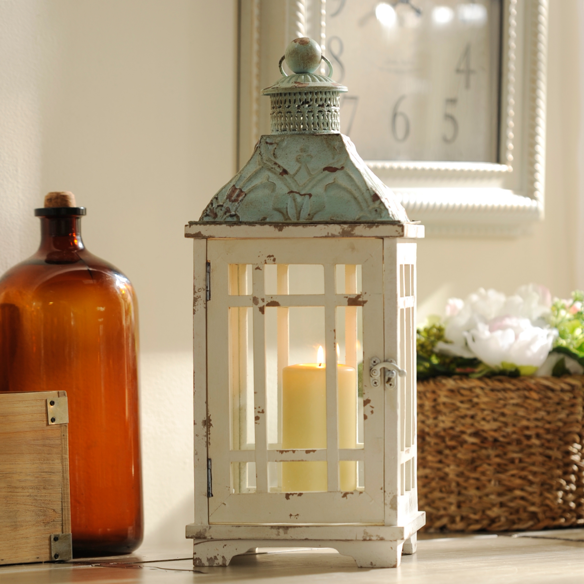 Distressed White and Teal Lantern Kirklands
