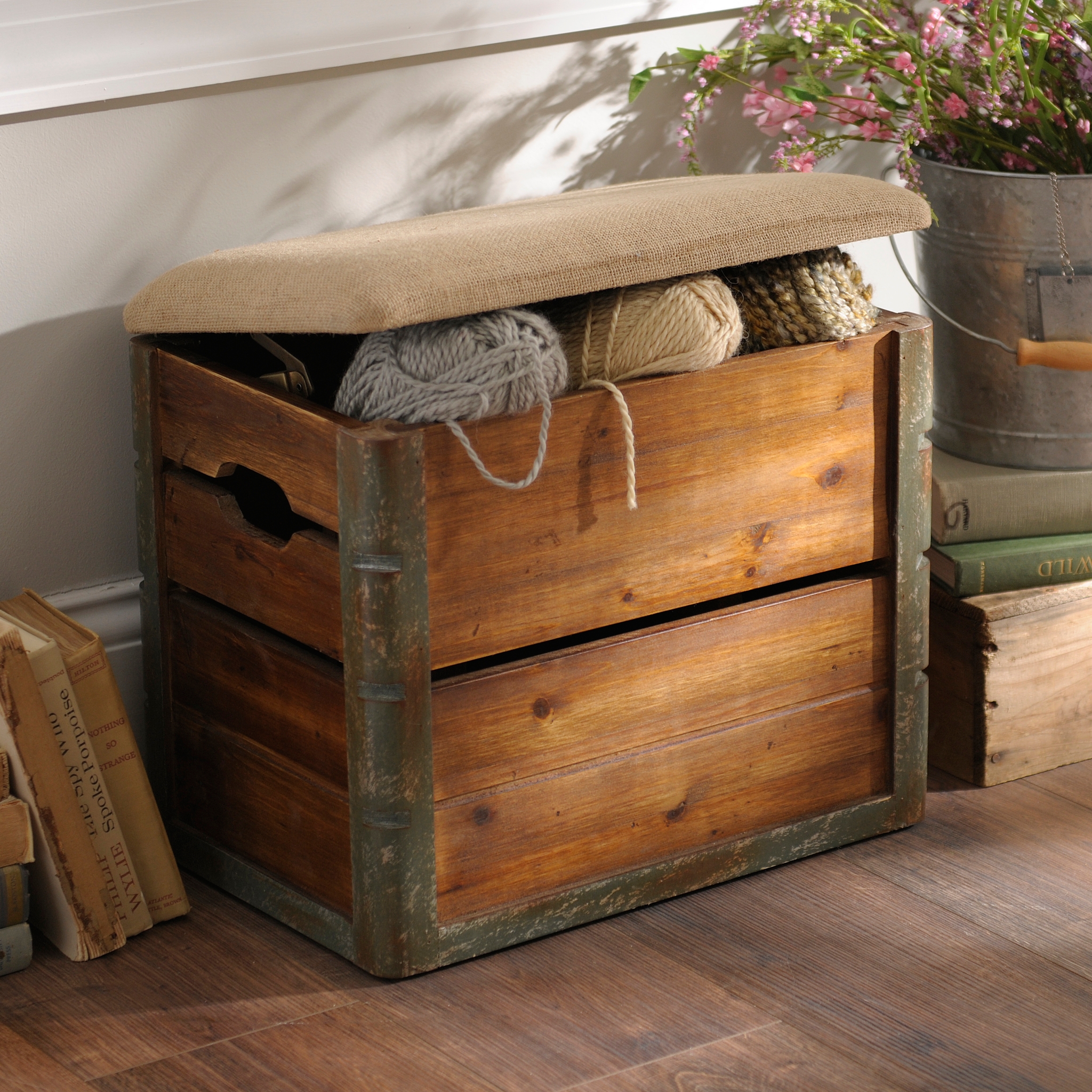 Wooden Crate Storage Ottoman 