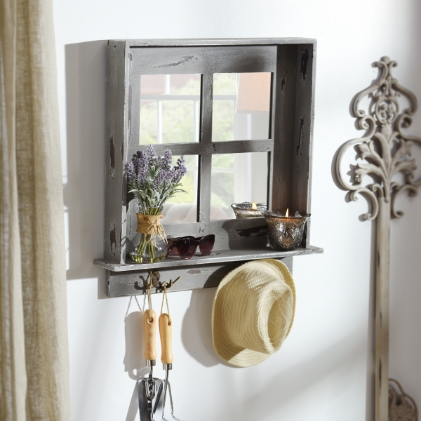 Gray Window Pane Wall Shelf Mirror with Hooks Kirklands