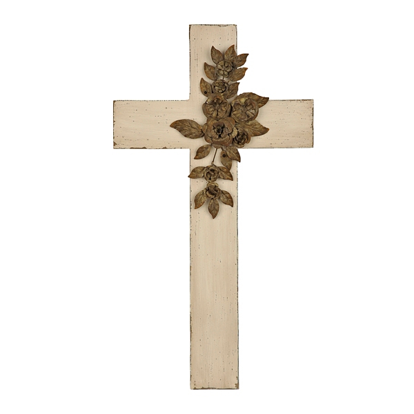 White Cross Plaque with Metal Bouquet