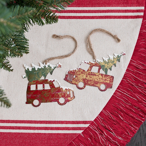 Metal Car and Truck with Tree Ornament, Set of 2