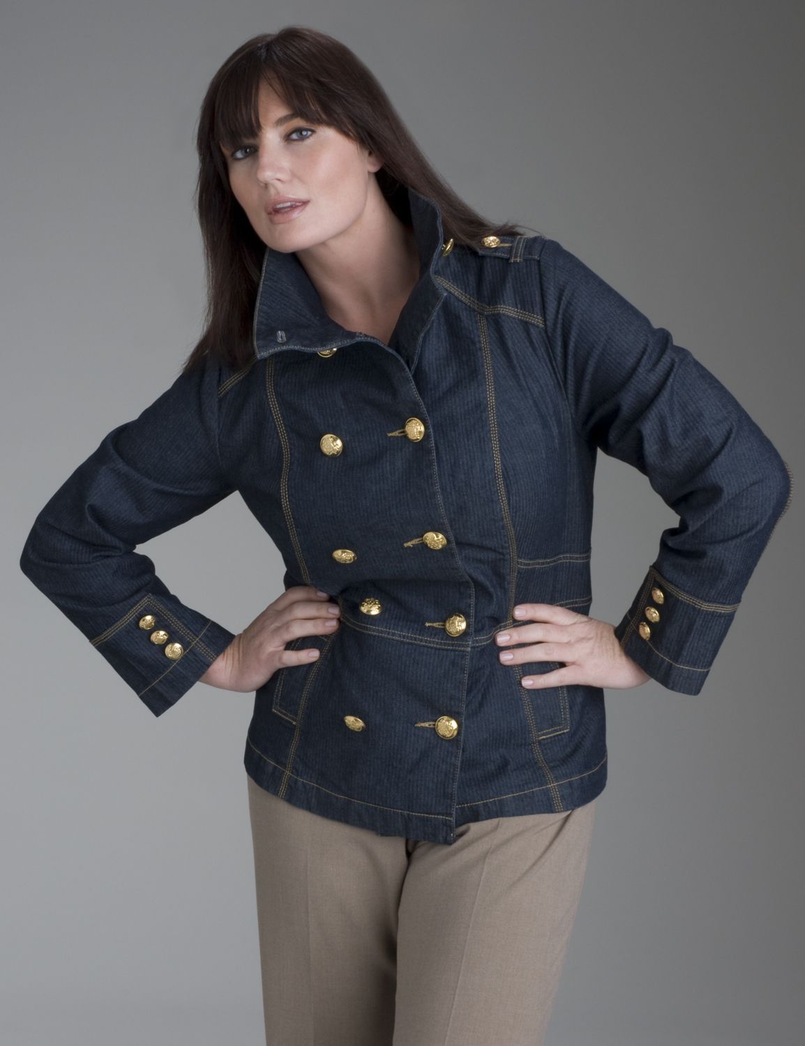 Military style denim peacoat