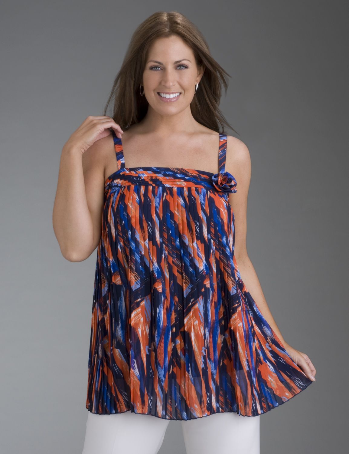 Pleated tank with rosette::Tops~~Sleeveless & camis