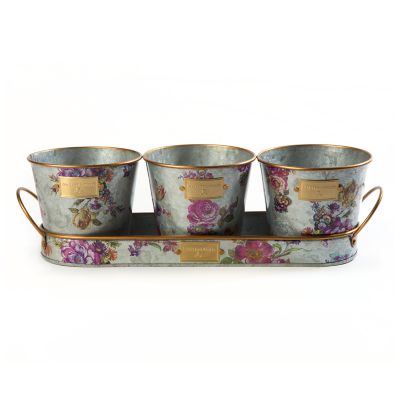 Flower Market Galvanized Herb Pots with Tray, Set of 3