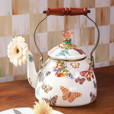 MacKenzieChilds Butterfly Garden 2 Quart Tea Kettle White