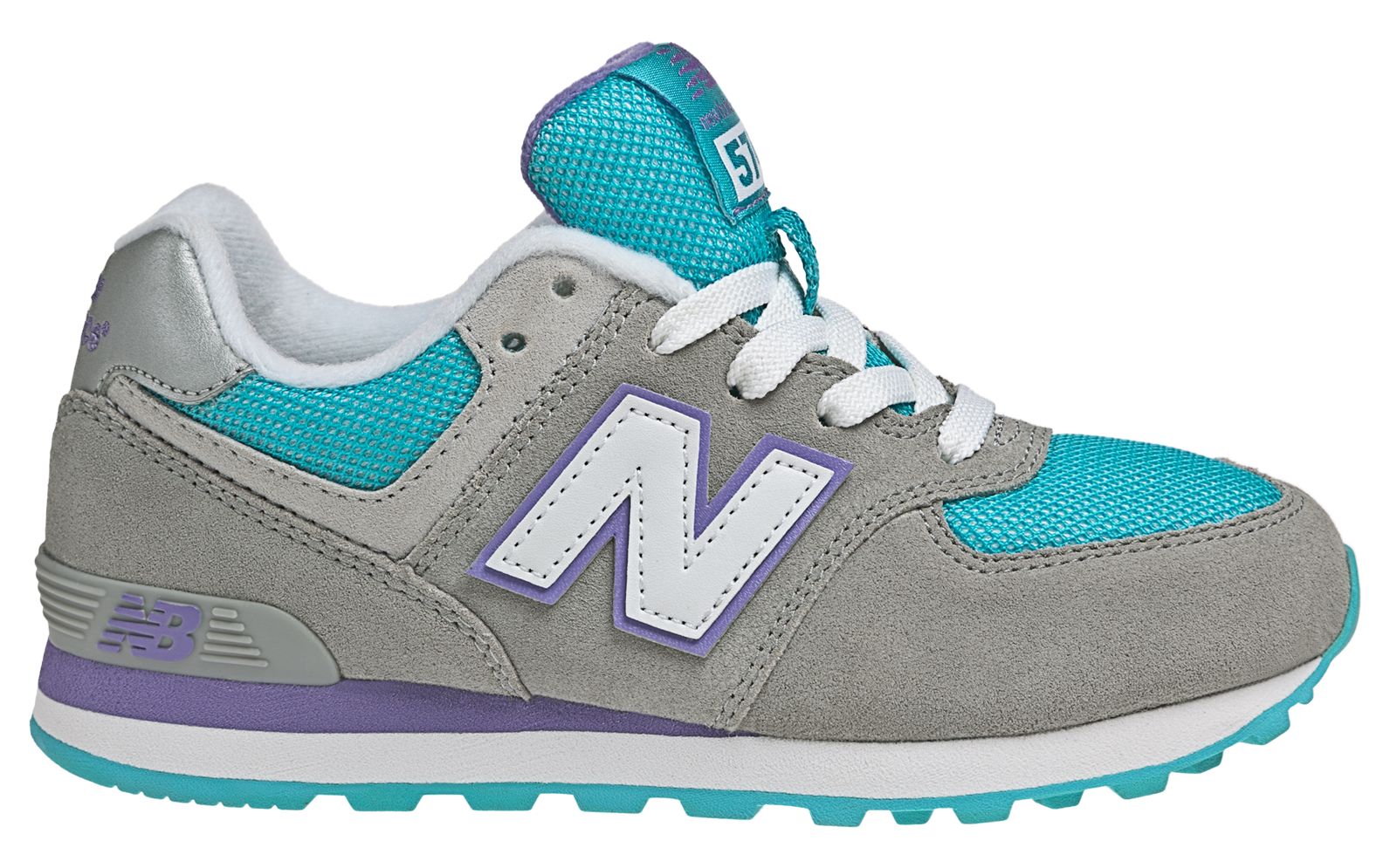 New Balance 574, Grey with Turquoise & Purple
