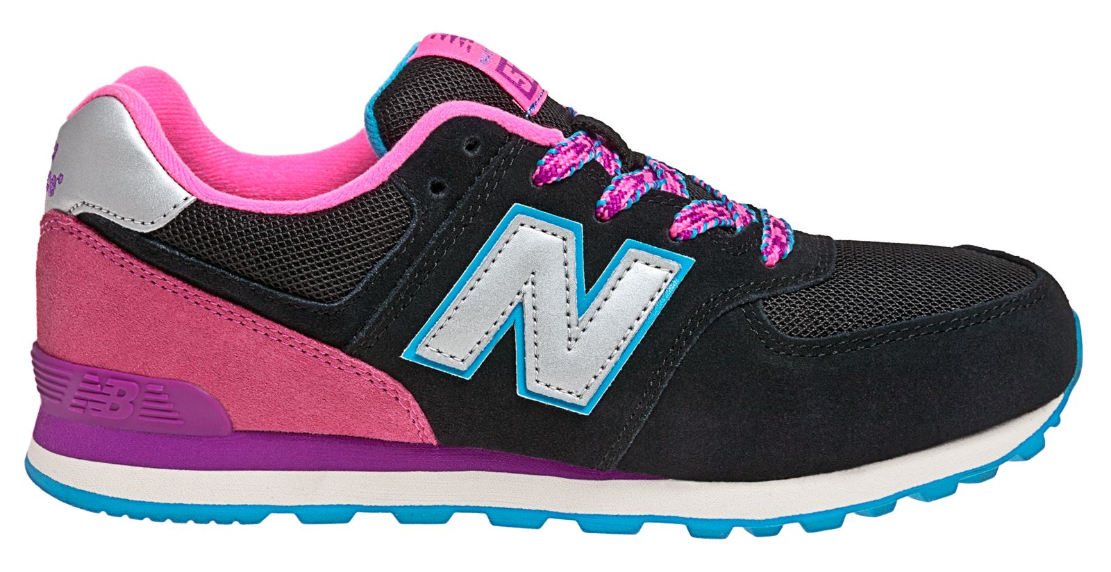New Balance 574, Black with Pink & Purple