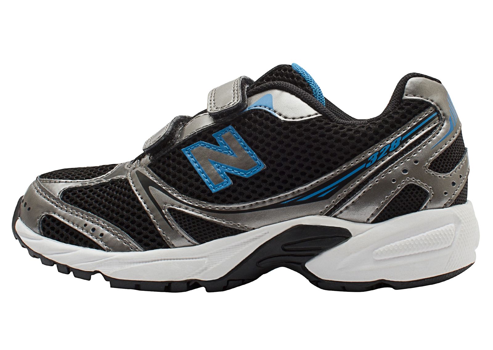 New Balance 328, Black with Silver & Blue Atoll