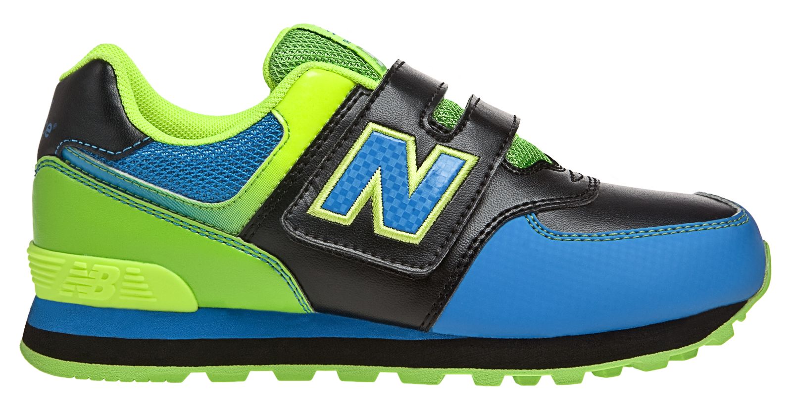 New Balance 574, Black with Blue Atoll & Green Gecko