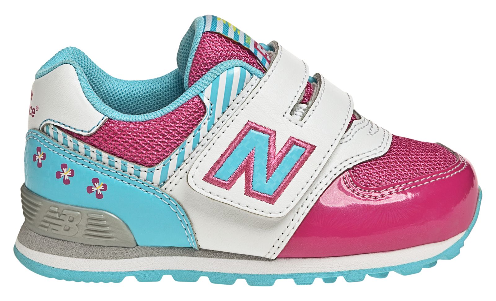 New Balance 574, White with Pink & Blue
