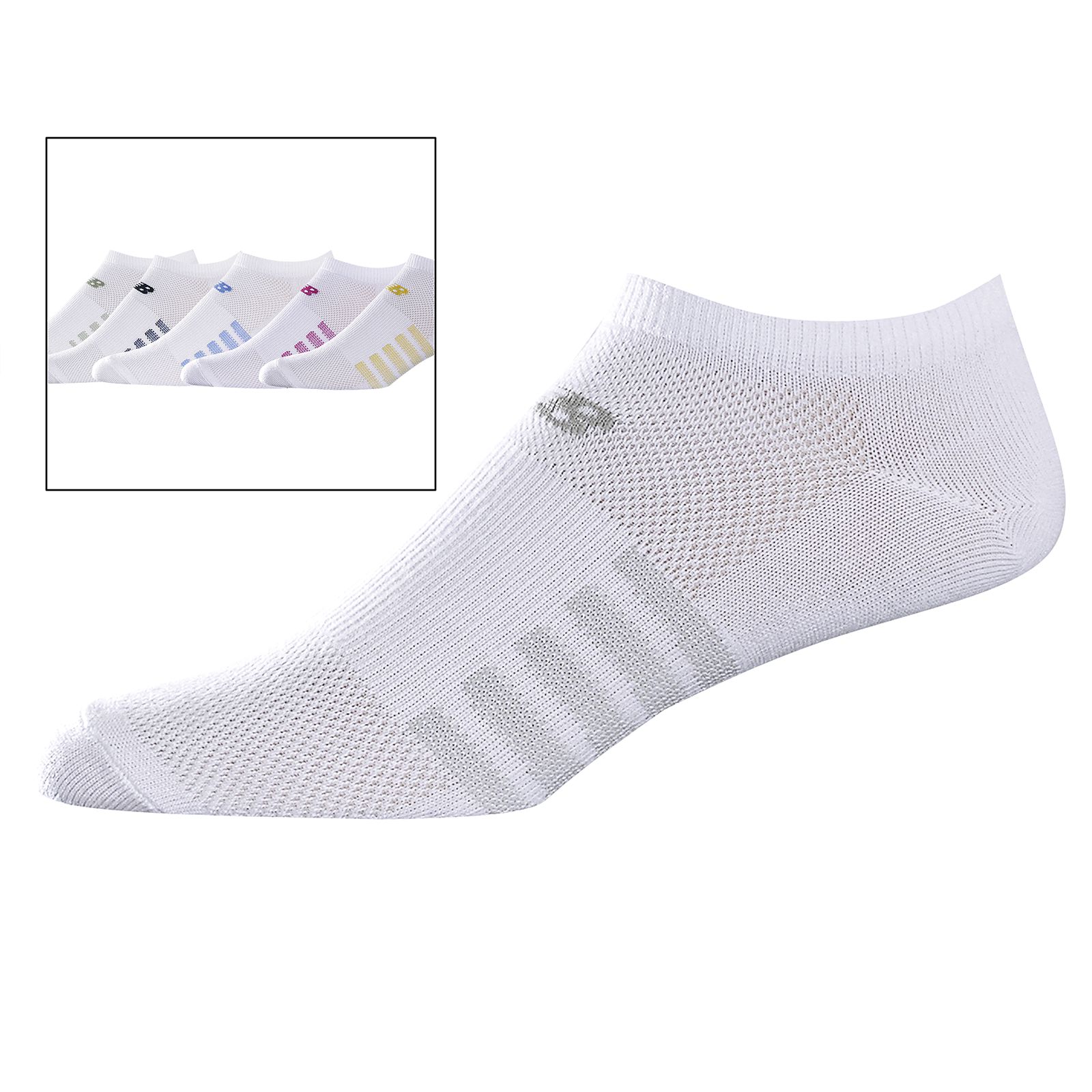 No-Show (6 pairs), White with Grey & Blue