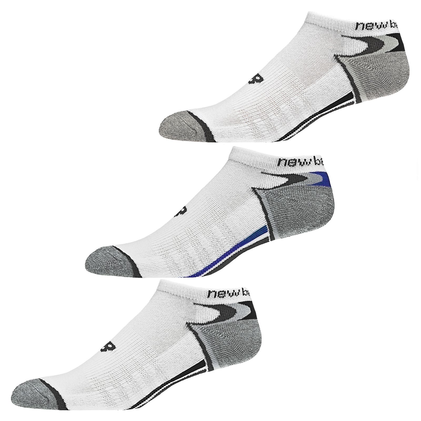Enhanced Dry No Show (3 Pack), White with Grey & Blue