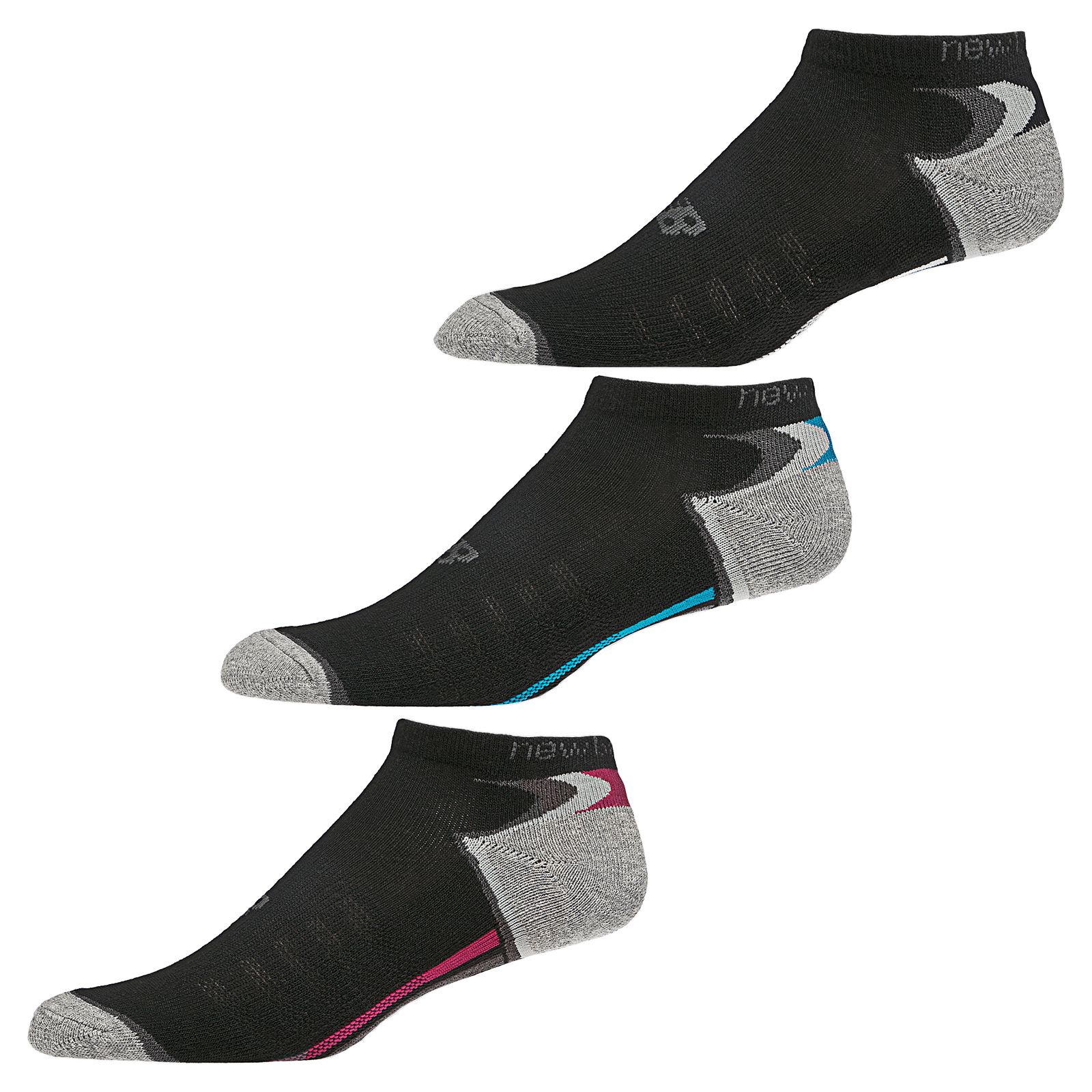 Enhanced Dry No Show (3 Pack), Black with Grey & Pink Shock