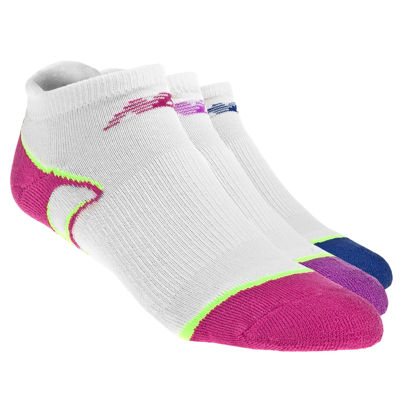 No Show with Heel Tab (3 pack), White with Pink & Purple