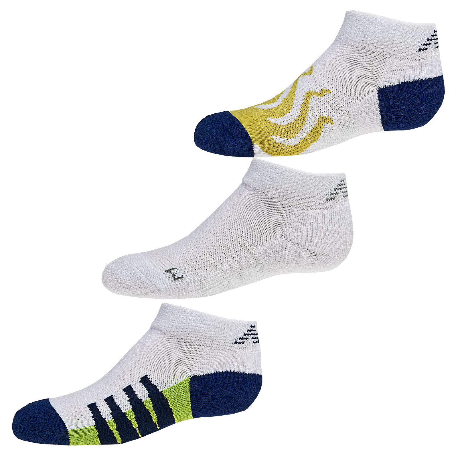 Kids No Show (3 pack), White with Black & Yellow