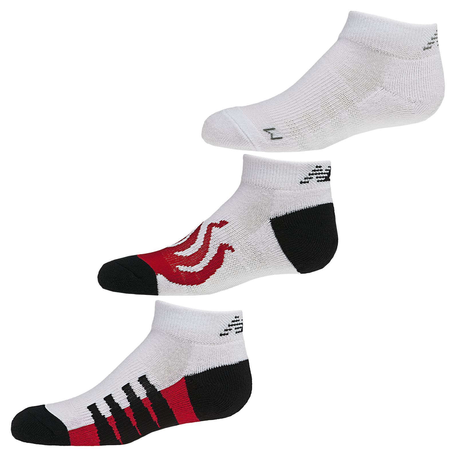 Kids No Show (3 pack), White with Black &amp; Red