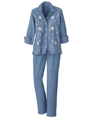 Chambray Embroidered Pants Set