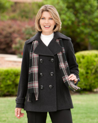 Wool Double Breasted Peacoat w/Scarf 