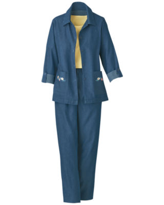 Denim Embroidered Pant Sets
