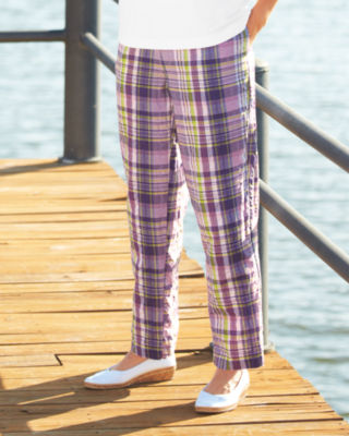 Textured Plaid Pull-On Pants